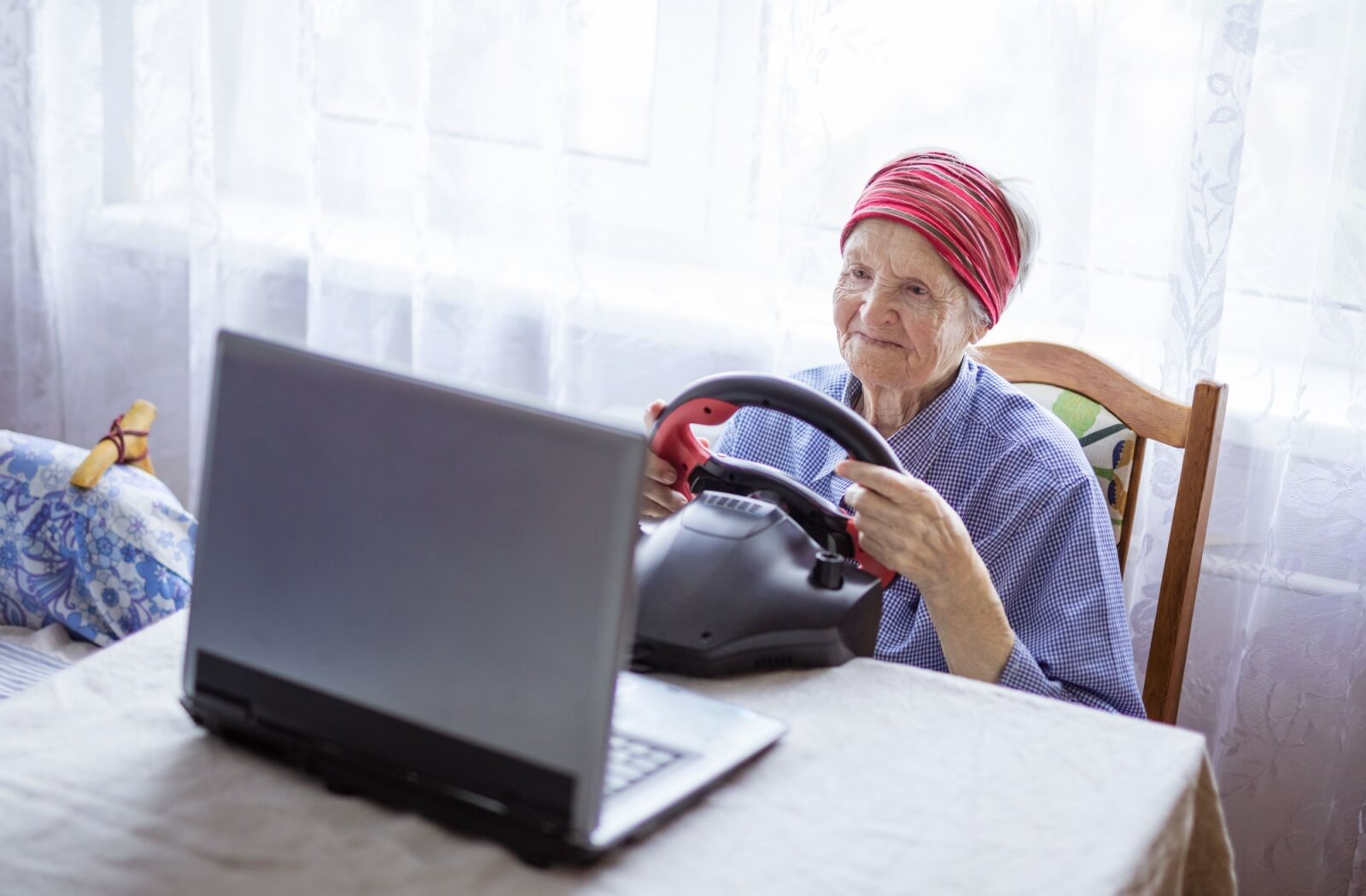 An older senior happily plays a racing video game on their computer using a specialty wheel as a controller