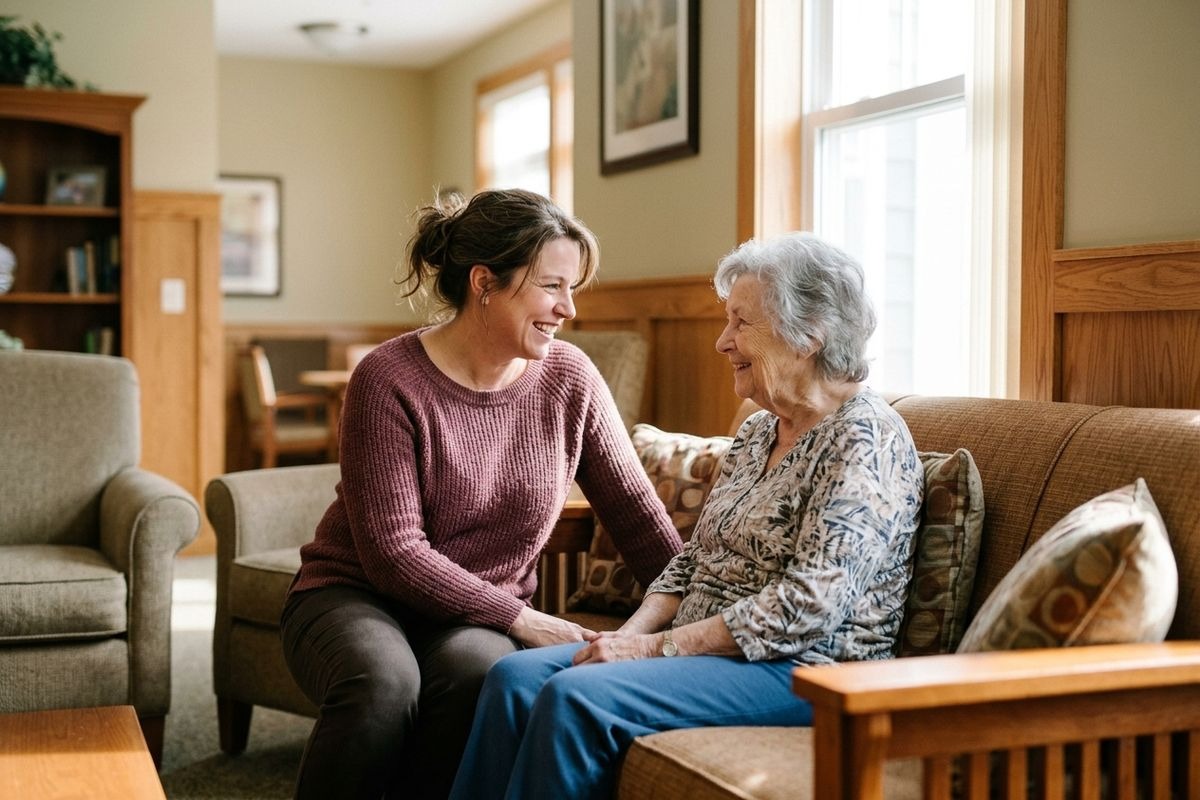 Younger adult and older adult sit together holding hands on a sofa, smiling at each other in a living room.