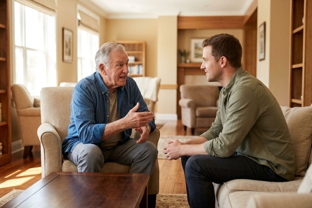 Older adult gesturing while talking to a younger adult, both seated in a living room.
