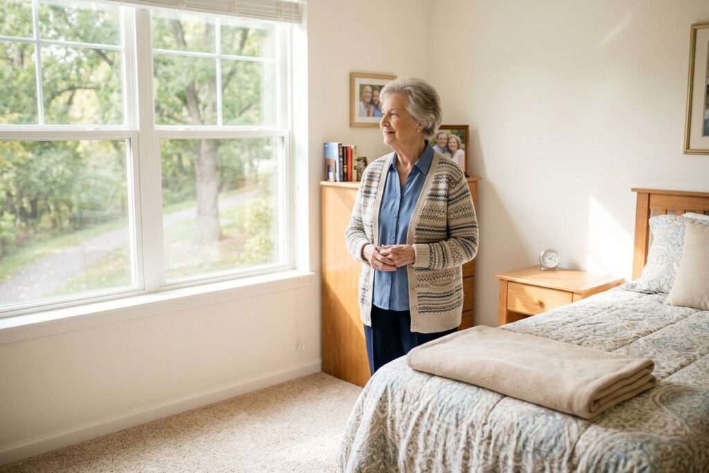 Older adult standing in a bedroom, smiling and looking out a large window toward green trees.