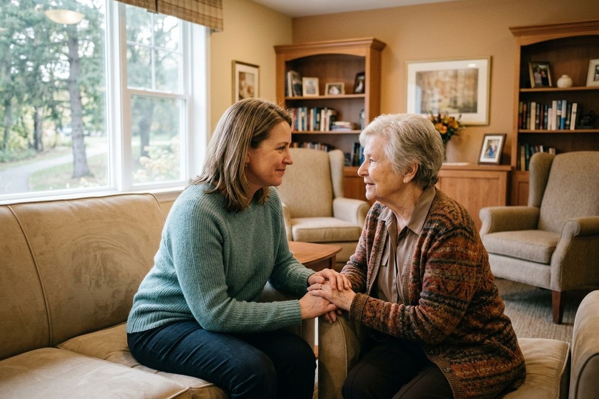 Two adults sit facing each other holding hands in a living room with bookshelves, smiling warmly.
