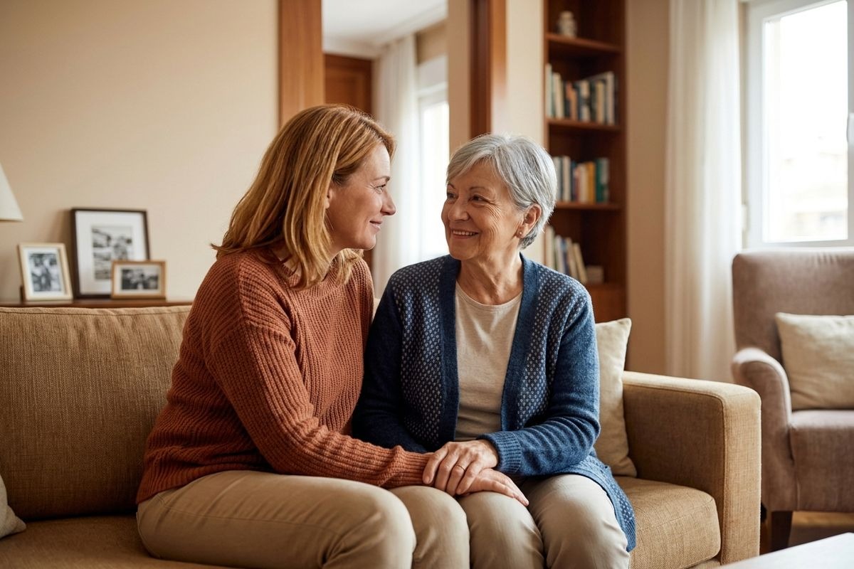 Two adults sit close on a sofa, holding hands and smiling at each other in a living room.