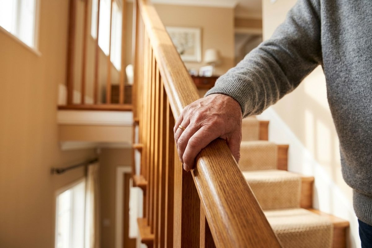 Older adult holding a stair handrail while walking down carpeted stairs.