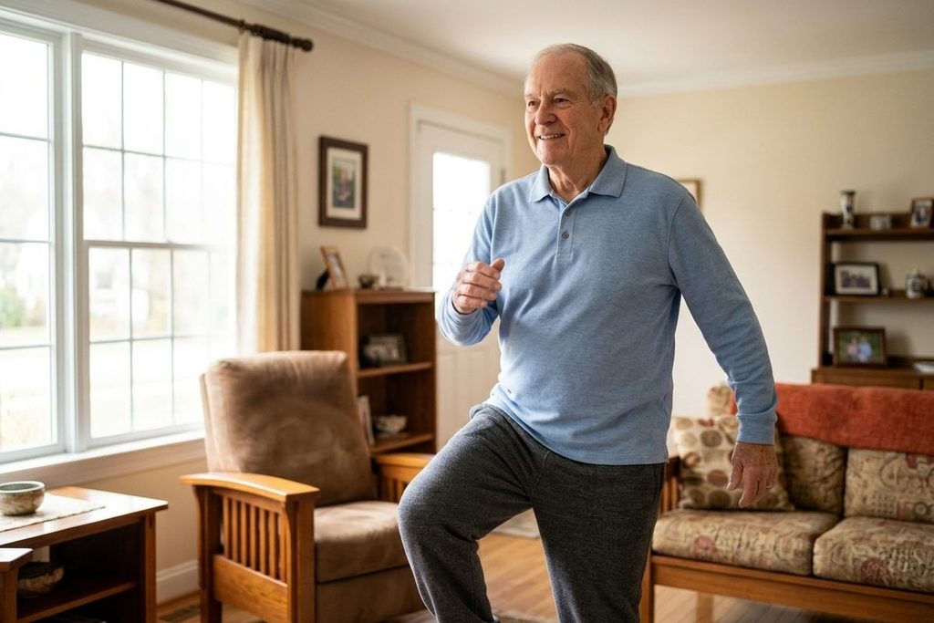 Older adult smiling while lifting one knee during an exercise in a living room.