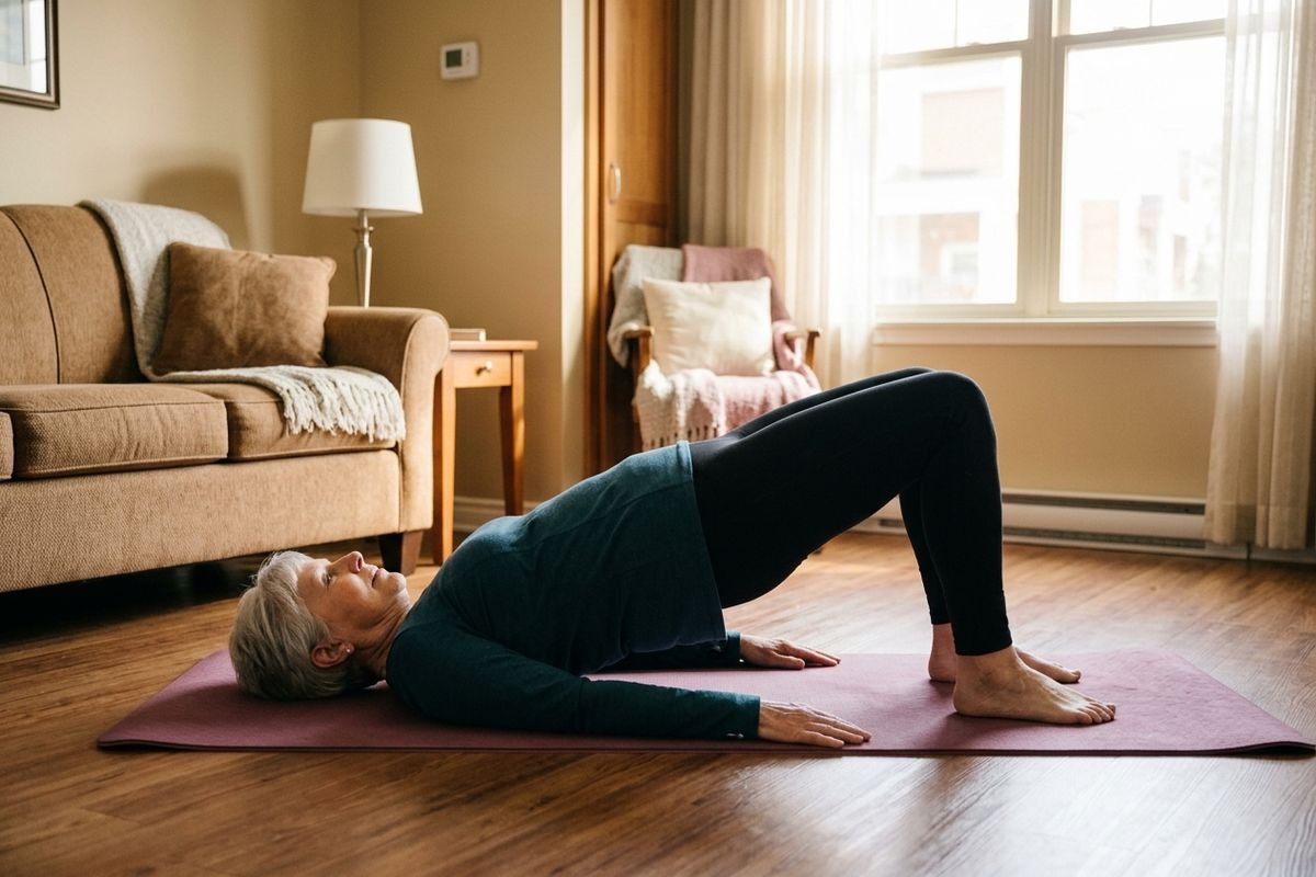 An older adult doing a bridge pose on a purple yoga mat in a living room.