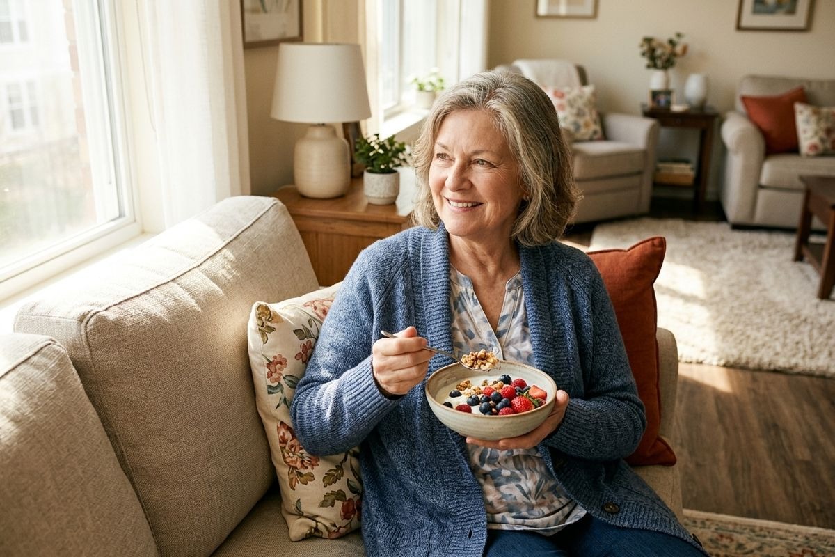 An older adult smiles while holding a bowl of yogurt with berries and granola.