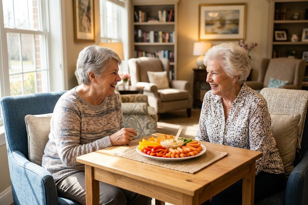 Two older adults sit smiling at a table with a plate of vegetables and dip in a bright, cozy room.